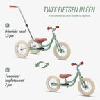 stapsgewijze uitleg over ombouw van groene Køvapää 2-in-1 loopfiets