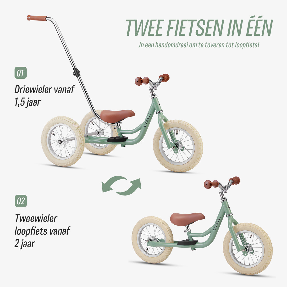 stapsgewijze uitleg over ombouw van groene Køvapää 2-in-1 loopfiets