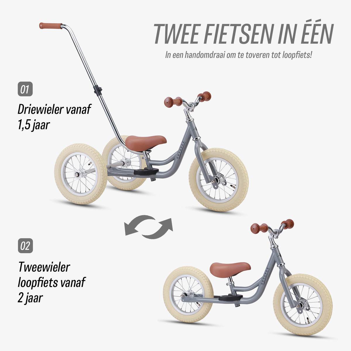 stapsgewijze uitleg over ombouw van grijze Køvapää 2-in-1 loopfiets