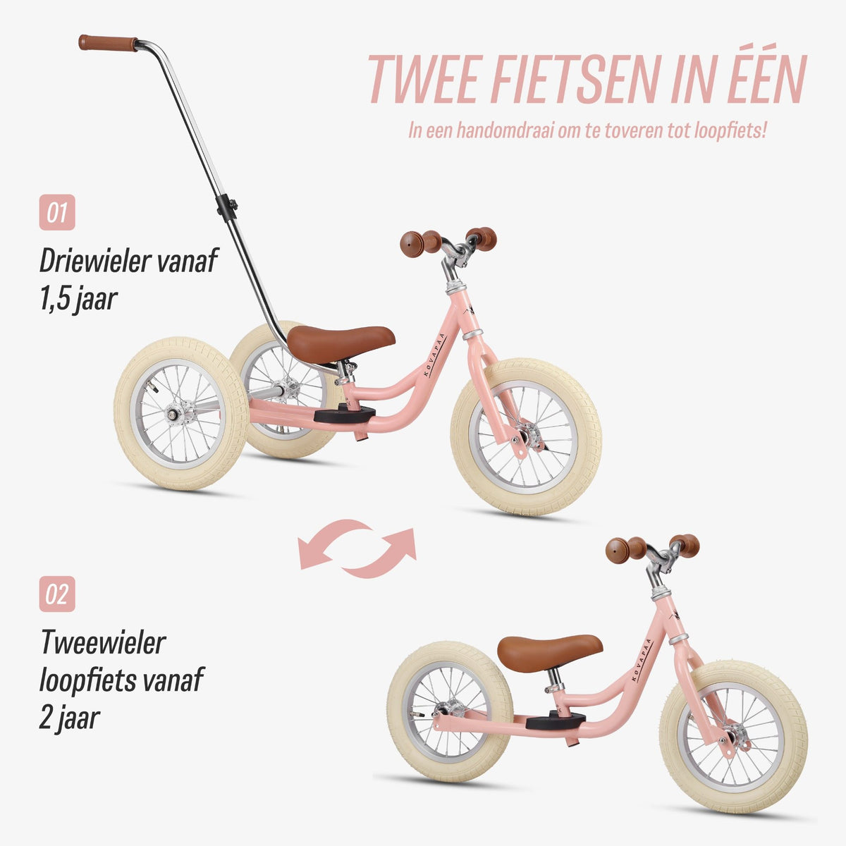 stapsgewijze uitleg over ombouw van roze Køvapää 2-in-1 loopfiets