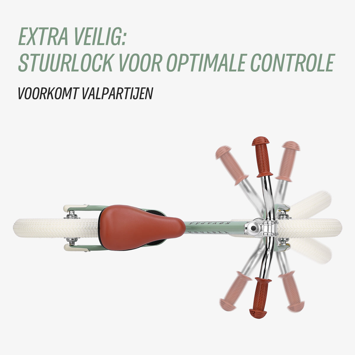 stuurlock op groene Køvapää loopfiets voorkomt te ver doordraaien van het stuur