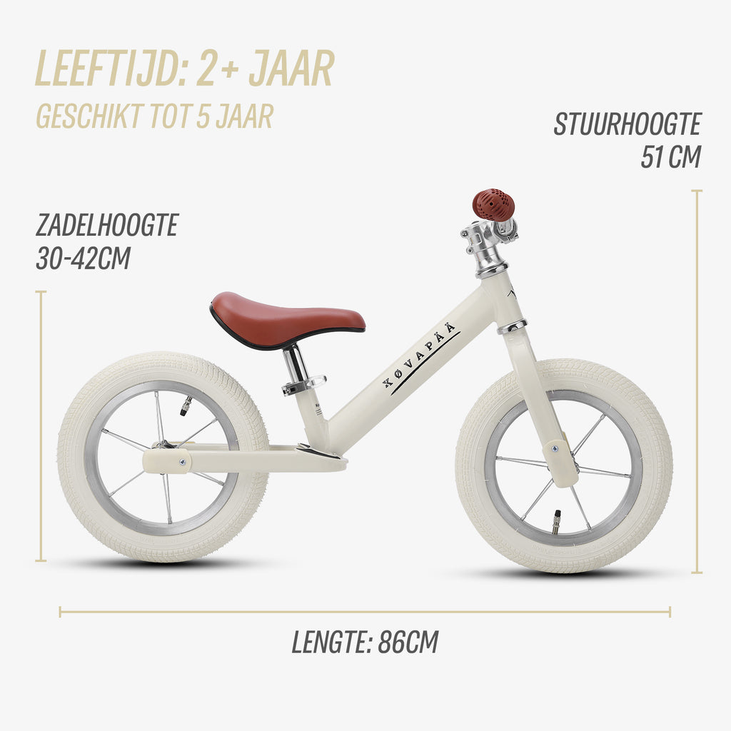 afmetingen van beige Køvapää loopfiets in beeld gebracht