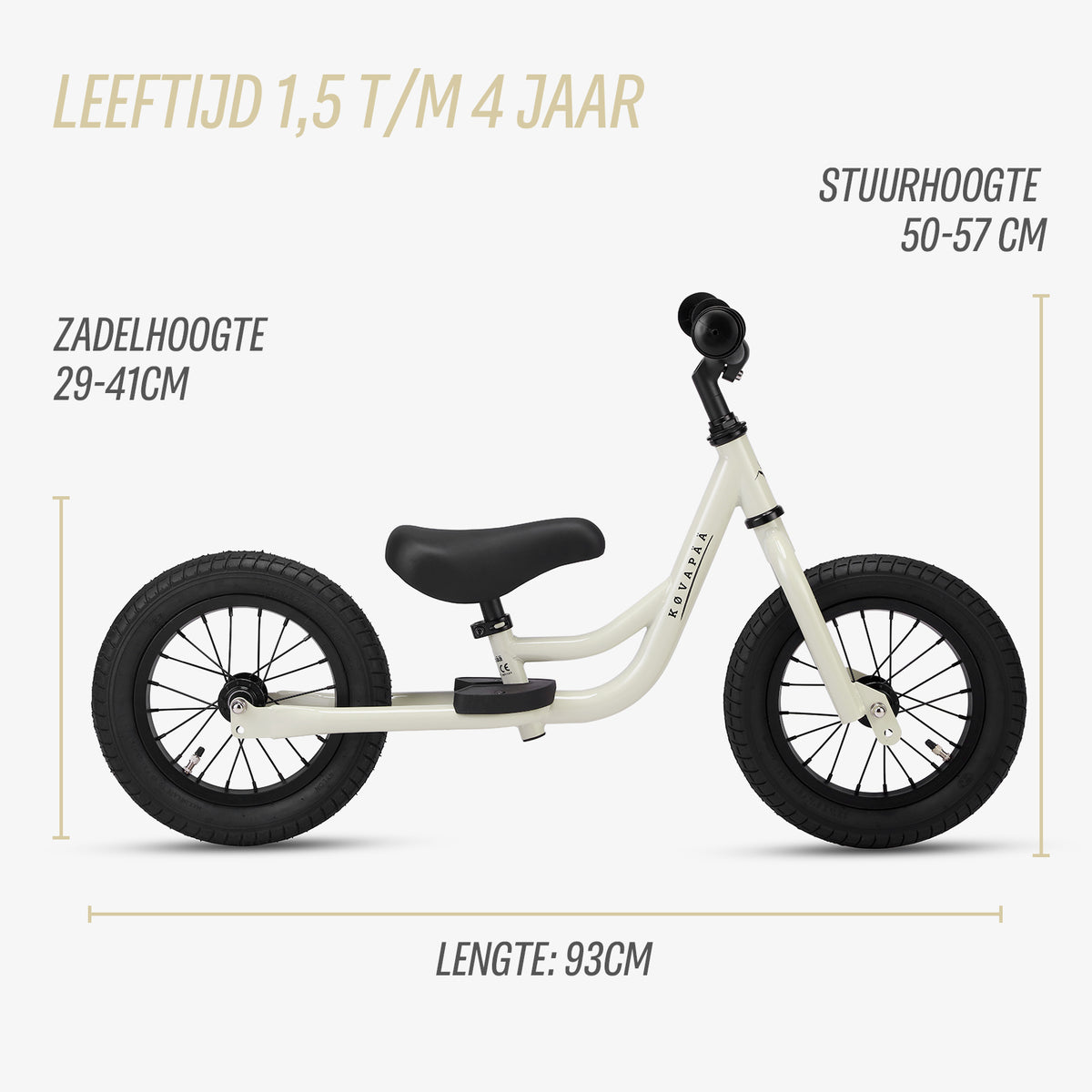 afmetingen van krijtgrijze Køvapää 2-in-1 loopfiets in beeld gebracht