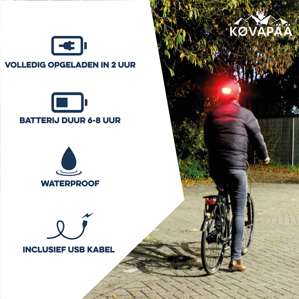 uitleg over achterlicht van zwarte Køvapää Espoo helm met batterijduur, waterdichtheid en USB-opladen