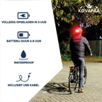 achterlicht op Køvapää Espoo fietshelm in gebruik, met info over batterijduur, waterdichtheid en USB-opladen